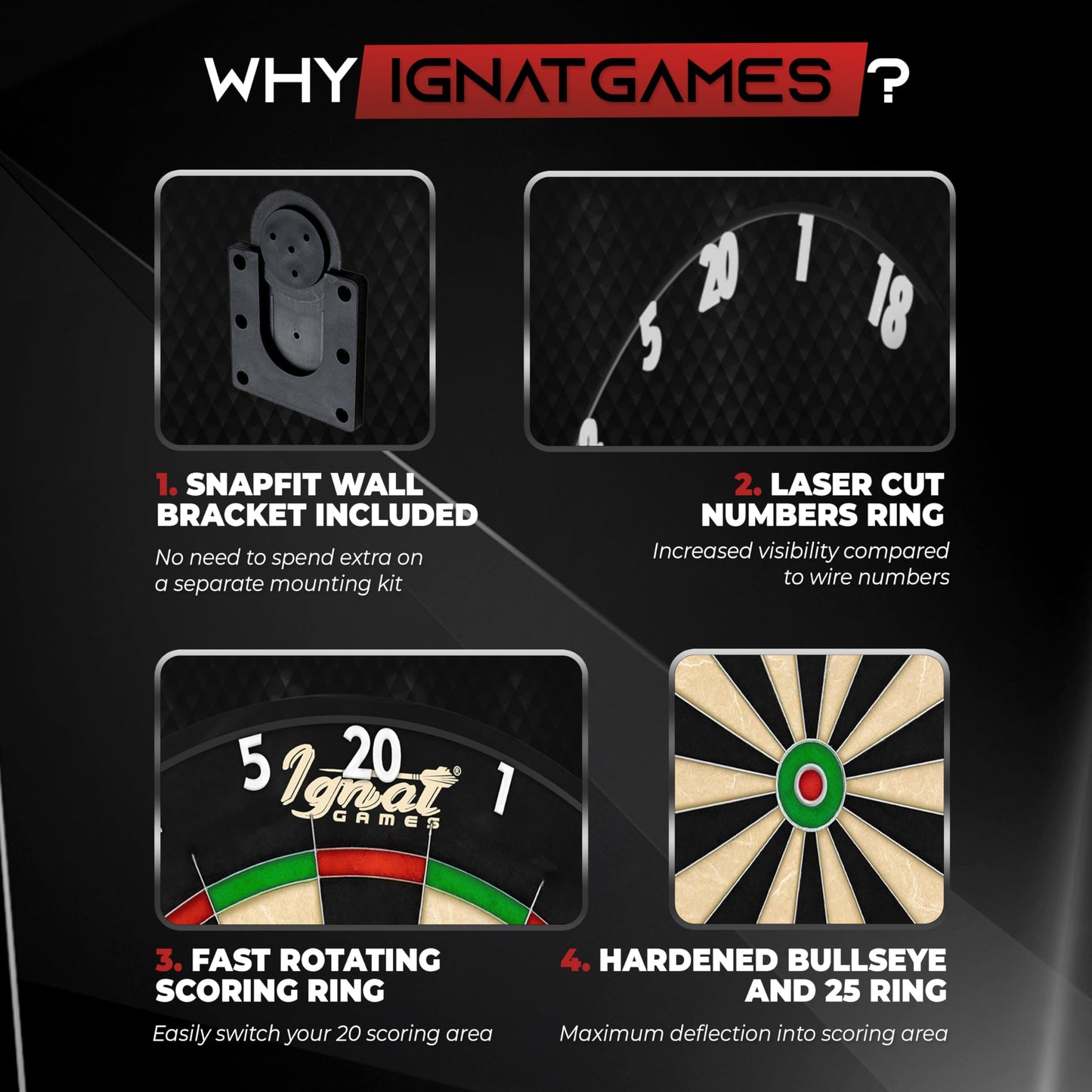 IgnatGames Dart Board Professional- Competition Size Kenyan Sisal Dart Board for Adults - Staple-Free Ultra-Thin Wire Spider Dartboard + Accessories & SnapFit Dartboard Mounting Bracket