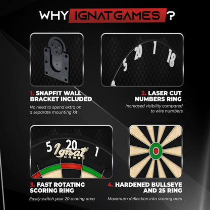 IgnatGames Dart Board Professional- Competition Size Kenyan Sisal Dart Board for Adults - Staple-Free Ultra-Thin Wire Spider Dartboard + Accessories & SnapFit Dartboard Mounting Bracket