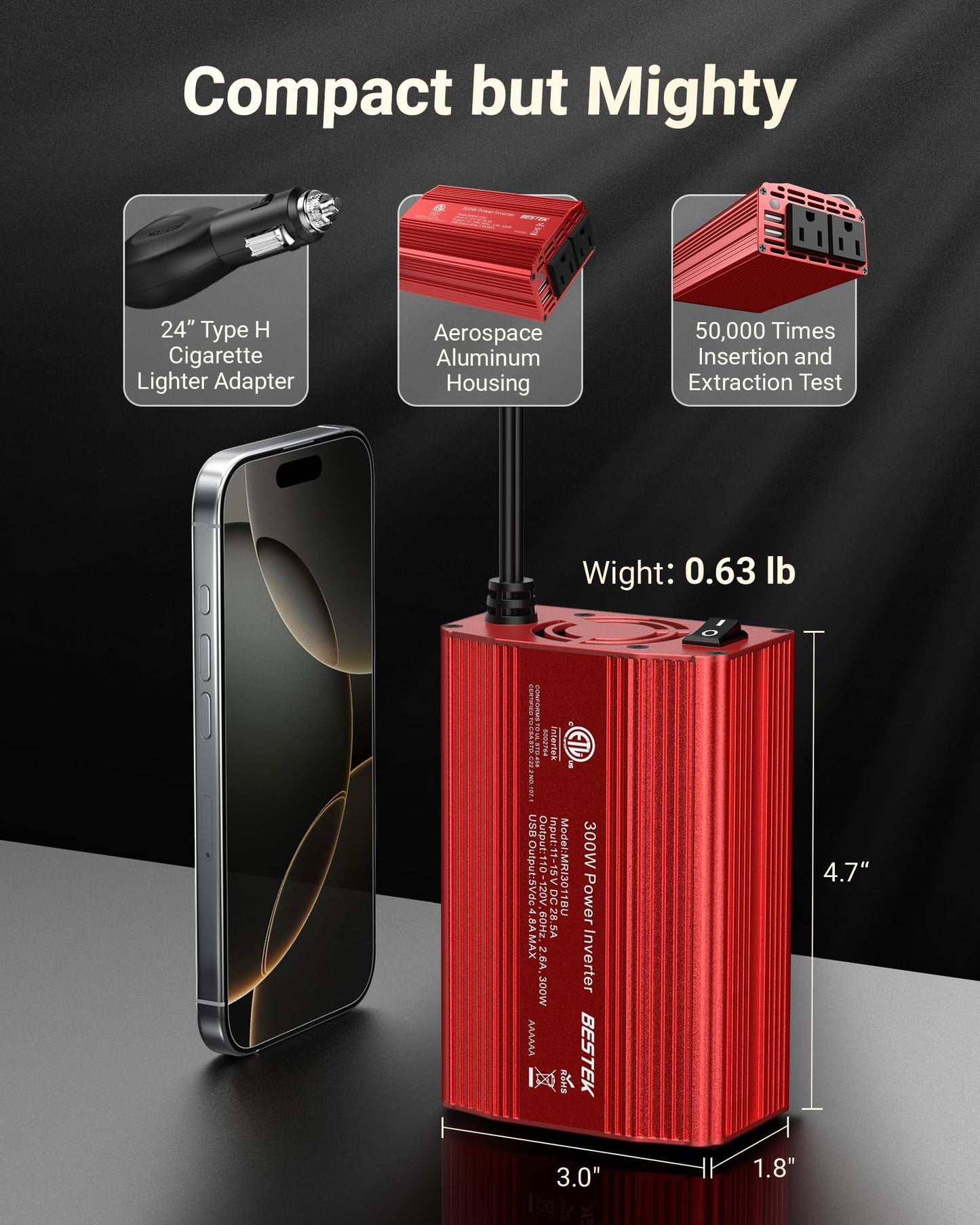 BESTEK Power Inverter DC 12V to AC 110V - 300W Car Plug Adapter Outlet with 4.8A Dual USB Fast Charging Port - Car Charger Cigarette Lighter Adapter for Phone, Laptop on Road Trip - Aluminum Housing