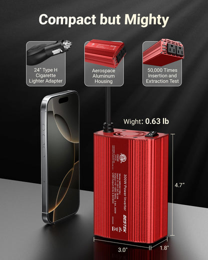 BESTEK Power Inverter DC 12V to AC 110V - 300W Car Plug Adapter Outlet with 4.8A Dual USB Fast Charging Port - Car Charger Cigarette Lighter Adapter for Phone, Laptop on Road Trip - Aluminum Housing