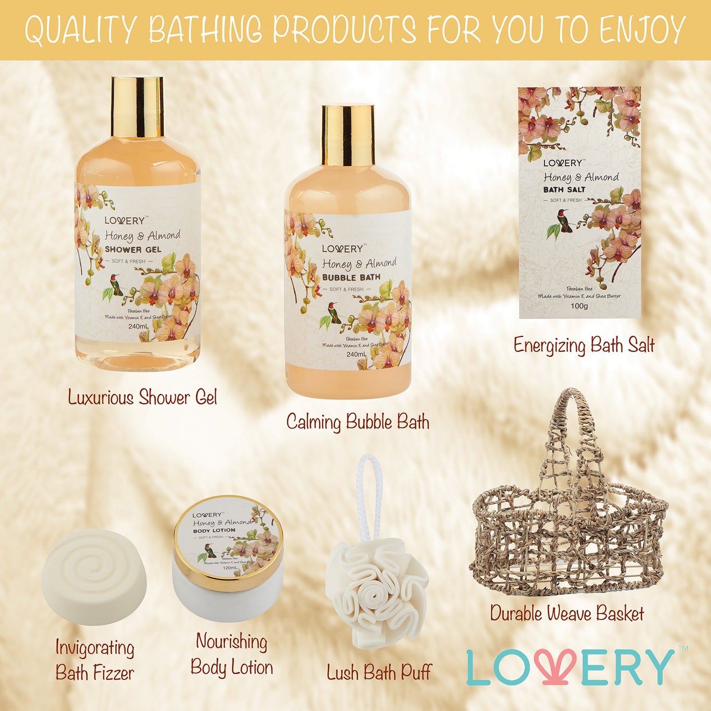 Christmas Gift Baskets for Women Gifts for Women Who Have Everything, Home Spa Honey & Almond Scent, Luxury Bath & Body Set - Shower Gel, Bubble Bath, Body Lotion, Salts, Bath Bomb, Bath Puff.