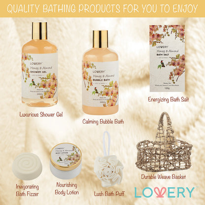 Christmas Gift Baskets for Women Gifts for Women Who Have Everything, Home Spa Honey & Almond Scent, Luxury Bath & Body Set - Shower Gel, Bubble Bath, Body Lotion, Salts, Bath Bomb, Bath Puff.