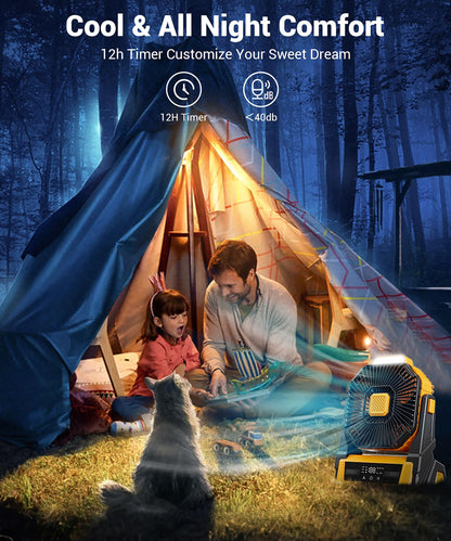 KopBeau Portable Camping Fan with Lights, 20000mAh Rechargeable Battery Operated Fan, Battery Powered Outdoor Beach Tent with 3 Speeds & Hook, Personal USB Table for Camping Accessories