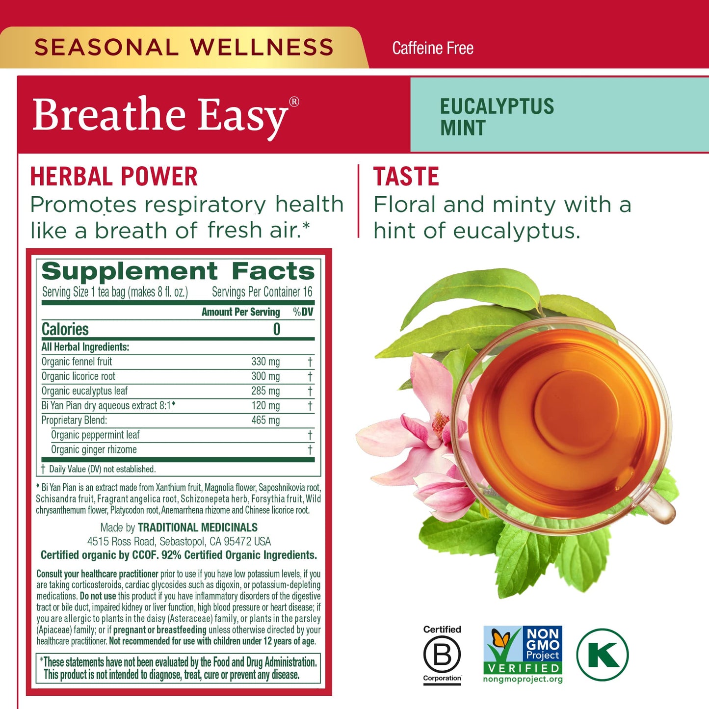 Traditional Medicinals Tea, Organic Seasonal Care Variety Pack, Throat Coat, Echinacea, Breathe Easy with Eucalyptus to Support Respiratory Health, 96 Tea Bags, (6 Pack)