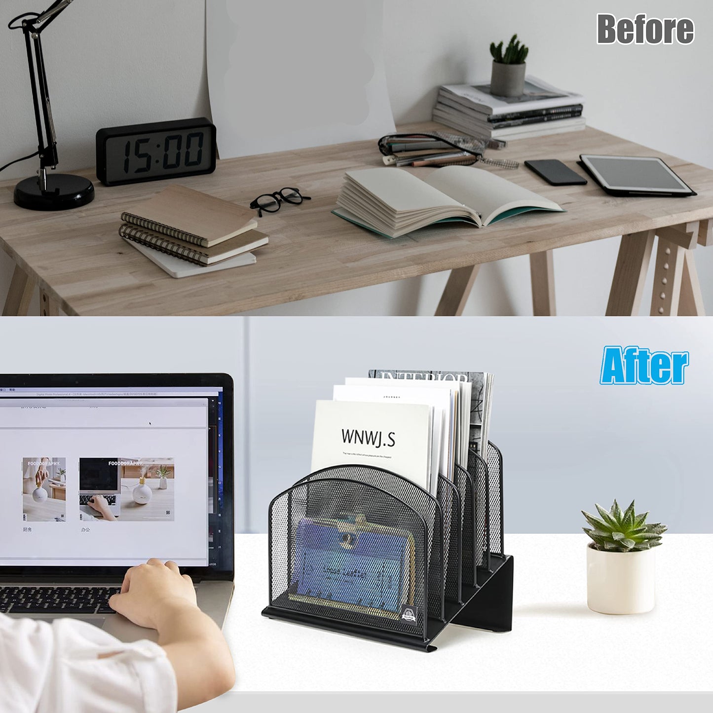 Delifox Inclined Desk File Organizer, 5-Section Vertical File Folder Holder Stand Metal Rack File Sorter for Office Classroom Desktop Organization (Black, 1Pack)