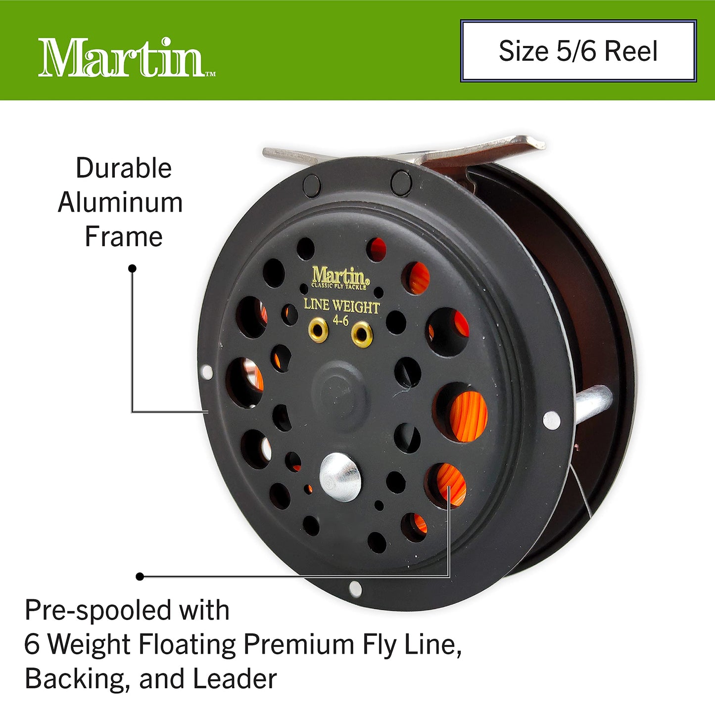 Martin Complete Fly Fishing Kit, 8-Foot 5/6-Weight 3-Piece Fly Fishing Pole, Size 5/6 Rim-Control Reel, Pre-spooled with Backing, Line and Leader, Includes Custom Fly Tackle Assortment, Brown/Green