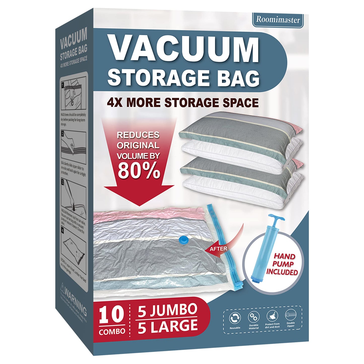 Vacuum Storage Bags, 10 Combo (5 Large/5 Jumbo) Space Saver Bags Vacuum Seal Bags with Pump, Space Bags, Vacuum Sealer Bags for Clothes, Comforters, Blankets, Bedding