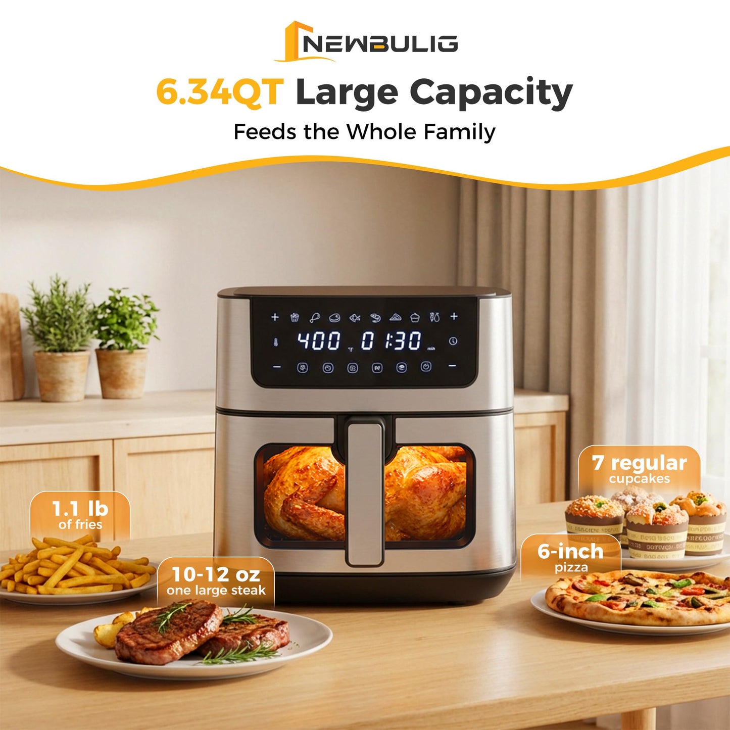 NEWBULIG Air Fryer 6.34QT, Airfryer with Visible Window, 400℉ Fast Heating Air Fryers Oven with Nonstick and Dishwasher-Safe Basket, 8-in-1 Cooking Preset, Timer，Auto-Off, Stainless Steel, Black