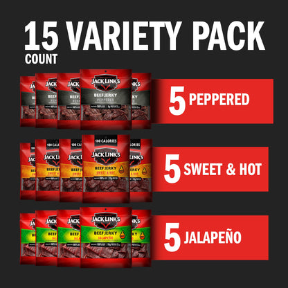 Jack Link's Beef Jerky Bold Variety Pack - Includes Sweet & Hot, Jalapeno and Peppered Jerky, Great Gifts for Dad & Men, Good Source of Protein, Meat Snacks Made with 100% Beef - 1.25 Oz (Pack of 15)