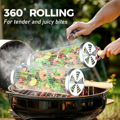 Rolling Grill Basket(2PCS), Removable Wooden Handle, 304 Stainless Steel, Grilling Accessories Tools for Vegetables Meat Food, Outdoor Camping Grilling, Birthday Gifts for Men Husband Men
