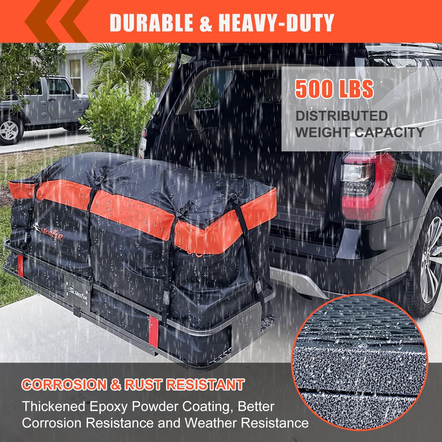 MeeFar Folding Hitch Mount Cargo Carrier Basket 60" X 20" X 6"+Waterproof Cargo Bag 16 Cubic Feet(58" 19" 24"),Hauling Weight Capacity of 500 Lbs and A Folding Arm.with Hitch Stabilizer,Net and Straps