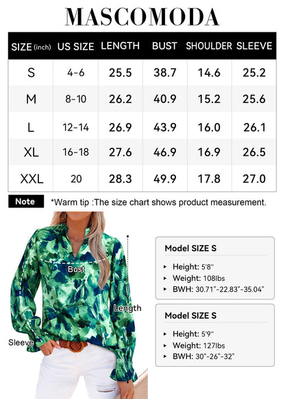 MASCOMODA Womens V Neck Floral Long Sleeve Tops 2024 Summer Casual Loose Puff Sleeve Chiffon Boho Work Blouse Dressy T Shirts(Green Flower,Small)