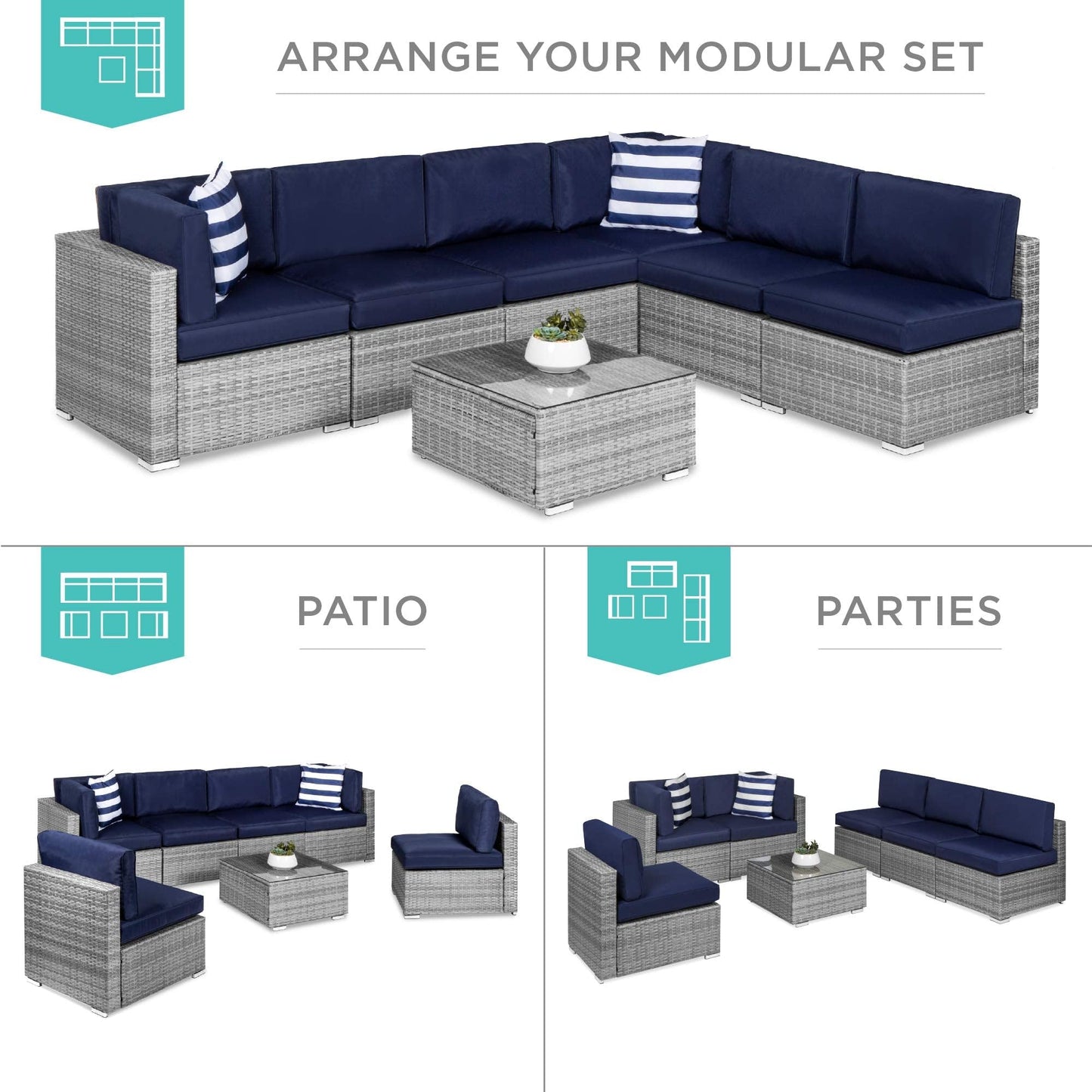 Best Choice Products 7-Piece Modular Outdoor Sectional Wicker Patio Conversation Set w/ 2 Pillows, Coffee Table, Cover Included - Gray/Navy