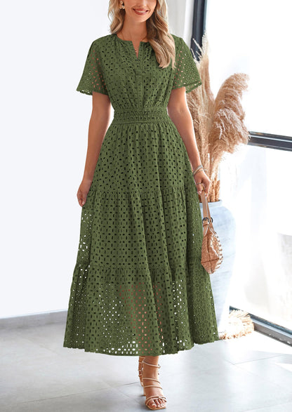 PRETTYGARDEN Womens 2025 Summer Maxi Dress Short Sleeve V Neck Hollow Out Eyelet A Line Long Flowy Beach Vacation Dresses (Army Green,Medium)