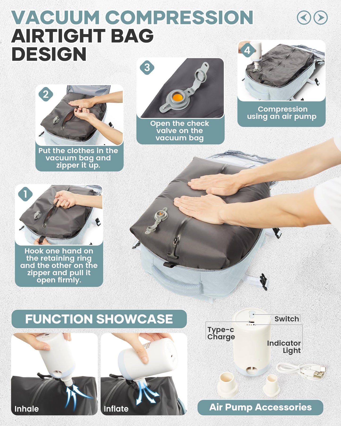 Travel Vacuum Storage Backpack with Air Pump Vacuum Seal Compression Space Saver Bags Clothing Vacpack 18x14x8 inches Travel Bag Carry on Personal item Laptop Work Backpacks Women LightBlue