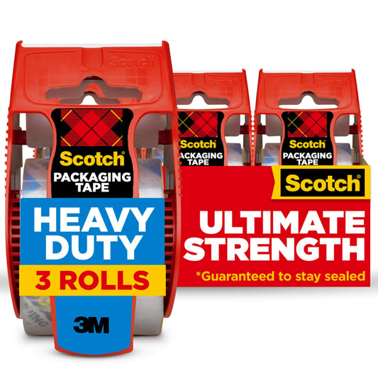 Scotch Heavy Duty Packaging Tape, 1.88 x 22.2 yd, Designed for Packing, Shipping and Mailing, Strong Seal on All Box Types, 1.5" Core, Clear, 3 Rolls with Dispenser (142-3)