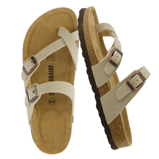 CUSHIONAIRE Luna Sandals for Women, Cork Footbed Womens Sandals for Summer Comfort with Adjustable Straps, Wide Width Available, STONE 8