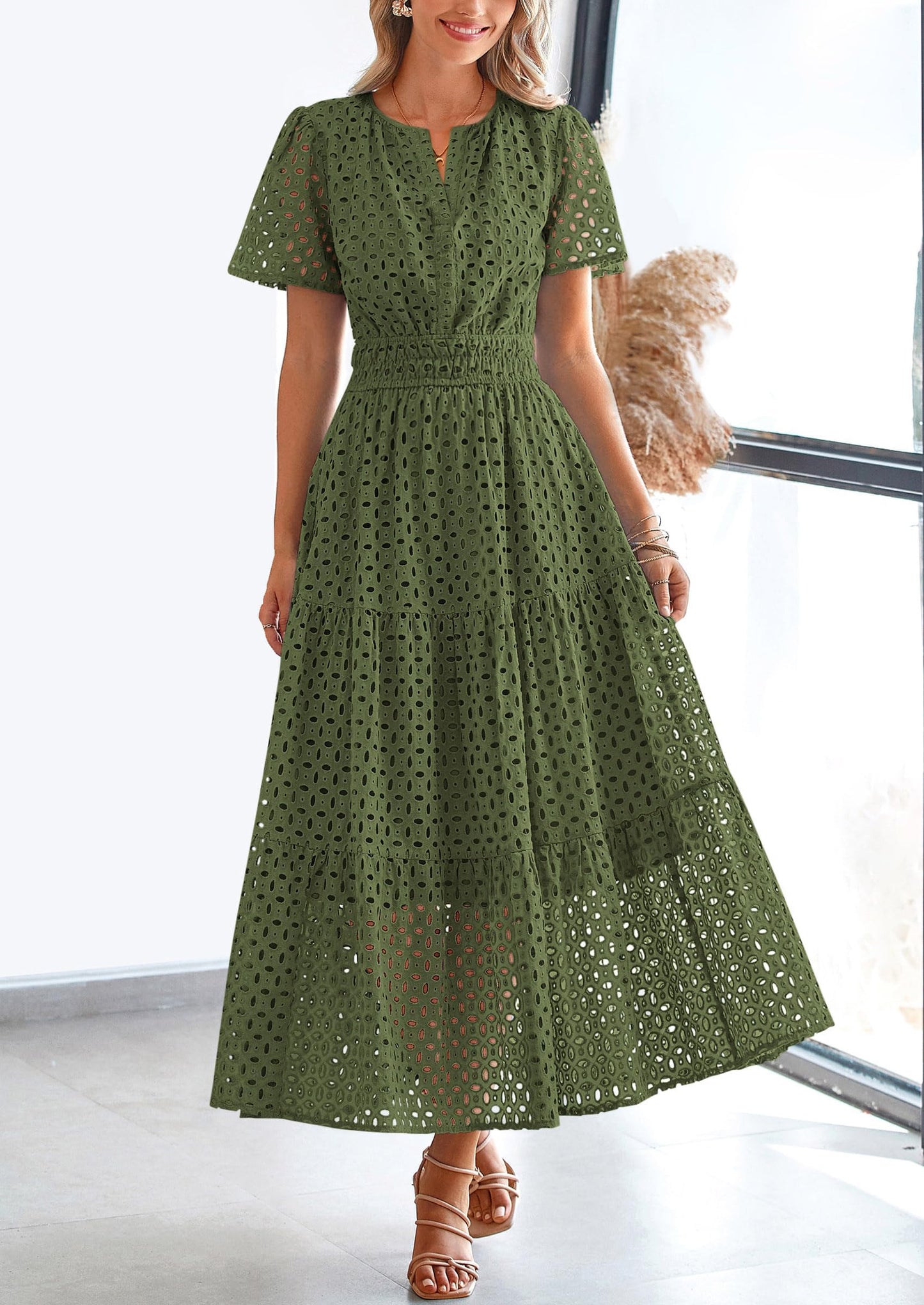 PRETTYGARDEN Womens 2025 Summer Maxi Dress Short Sleeve V Neck Hollow Out Eyelet A Line Long Flowy Beach Vacation Dresses (Army Green,Medium)