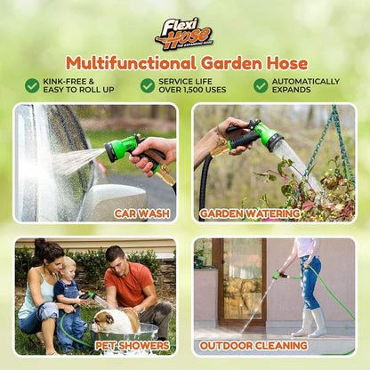 Flexi Hose with 8 Function Nozzle, 100FT - Lightweight Expandable Garden Hose, No-Kink Flexibility, 3/4 Inch Solid Brass Fittings and Double Latex Core