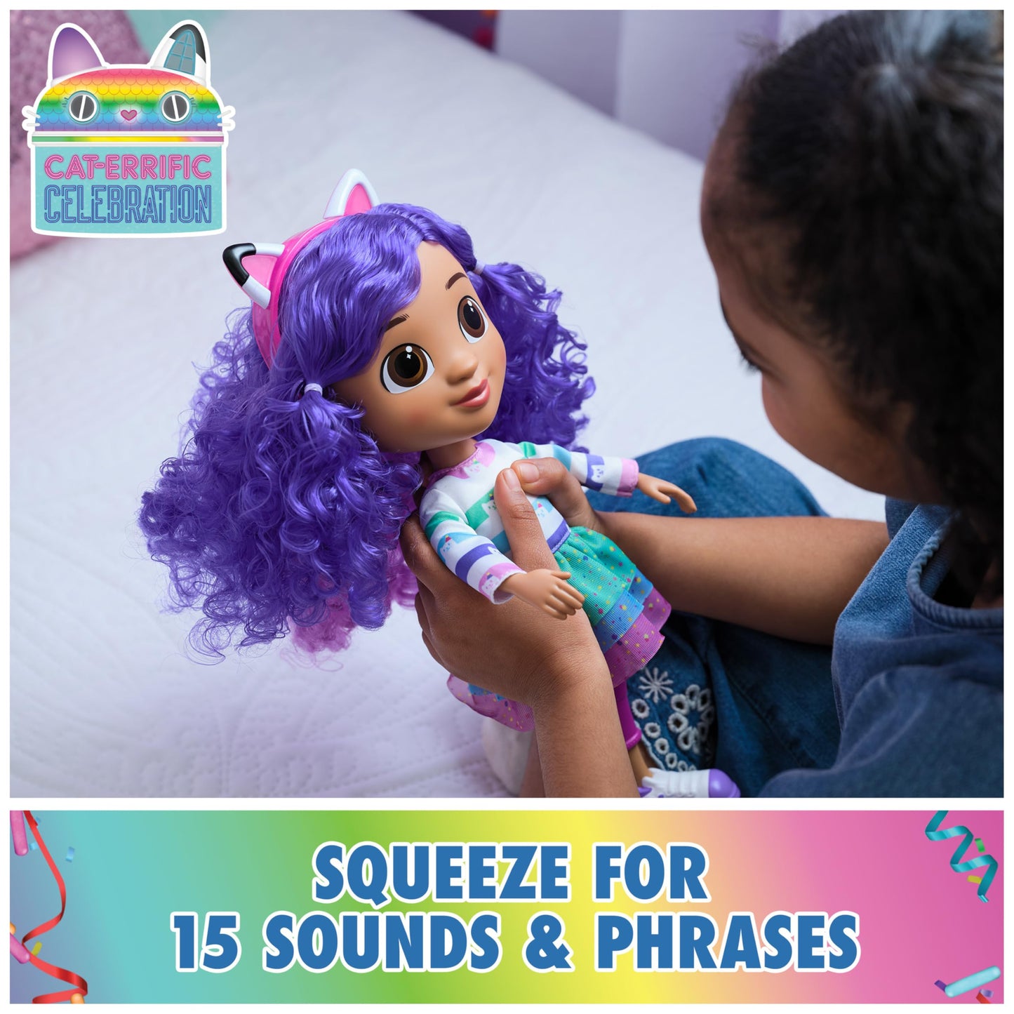 Gabby's Dollhouse DreamWorks, Sing & Celebrate Gabby Girl Doll, 13-Inches Tall with Sound Effects & Reversible Cat Ears, Kids Toys for Girls & Boys Ages 3+