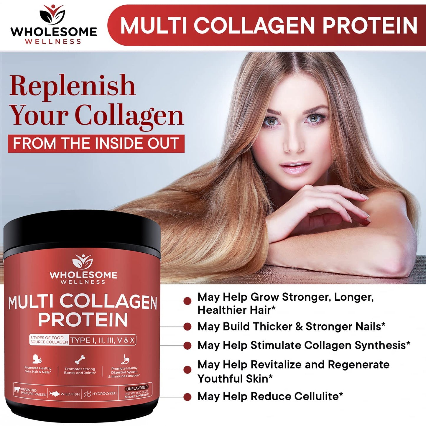 Multi Collagen Protein Powder Hydrolyzed (Type I II III V X) Grass-Fed All-in-One Super Bone Broth + Collagen Peptides - Premium Blend of Beef, Chicken, Wild Fish, Eggshell, 58 Servings, Unflavoured