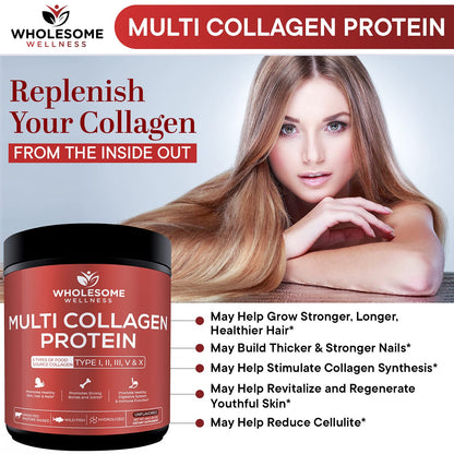 Multi Collagen Protein Powder Hydrolyzed (Type I II III V X) Grass-Fed All-in-One Super Bone Broth + Collagen Peptides - Premium Blend of Beef, Chicken, Wild Fish, Eggshell, 58 Servings, Unflavoured