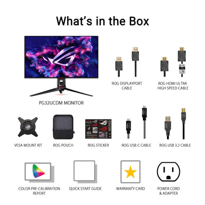 ASUS ROG Swift 32” 4K OLED Gaming Monitor (PG32UCDM) - UHD (3840 x 2160), QD-OLED, 240Hz, 0.03ms, G-SYNC Compatible, Custom Heatsink, Graphene Film, 99% DCI-P3, True 10-bit, 90W USB-C