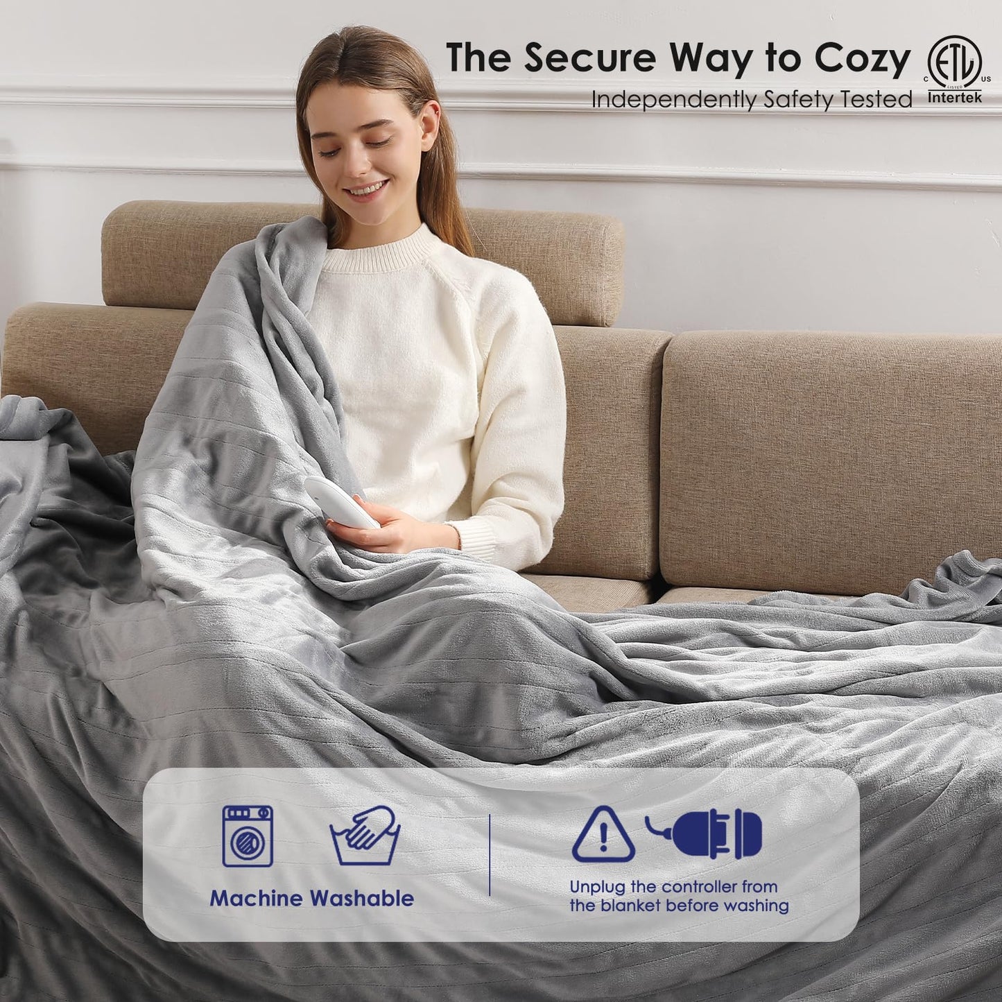 Heated Blanket Queen Size Electric Blanket 84''X90'' - Soft Plush Premium Flannel with Dual Controllers, 5 Heating Level & 10 Hour Auto Off, ETL & FCC Certified, Warm Gifts for Grandma, Grey