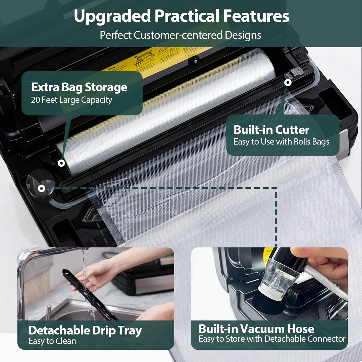 Precision Vacuum Sealer Machine, 2X Seal&130W Commercial Full Automatic Food Sealer, Powerful Food Preservation System with Handle,Built-in Cutter&Bags Storage&Hose,2 Bags Rolls,Stainless Steel