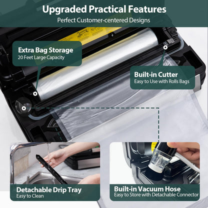 Precision Vacuum Sealer Machine, 2X Seal&130W Commercial Full Automatic Food Sealer, Powerful Food Preservation System with Handle,Built-in Cutter&Bags Storage&Hose,2 Bags Rolls,Stainless Steel