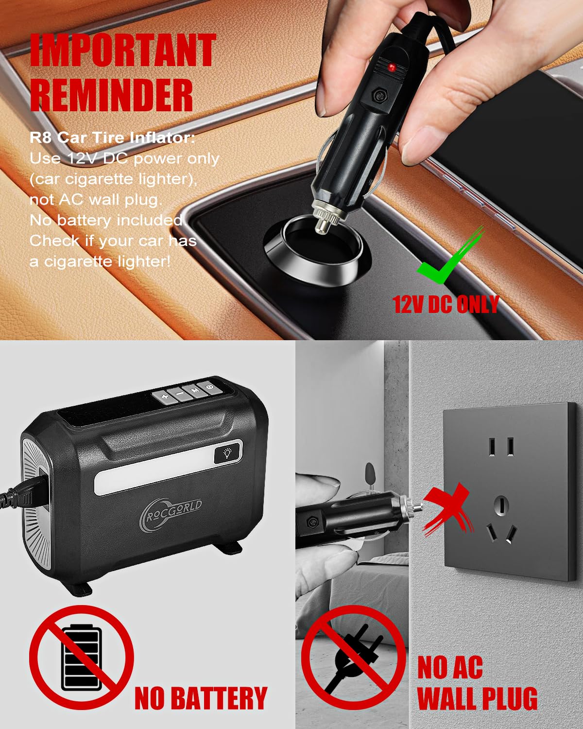 ROCGORLD R8 Tire Inflator Portable Air Compressor, DC 12V Air Compressor Portable with Large Dual Digital Screen, 3X Faster Inflation Air Pump for Car, Bike, Ball, Motor