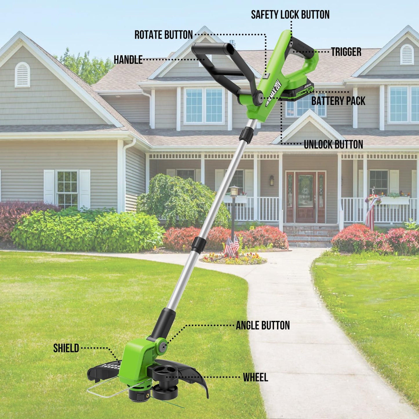 VARSK 20V String Trimmer Cordless, 12 Inch 2 in 1 Trimmer and Edger, Automatic Line Feed, Includes 2 X 2.0Ah Batteries/1 X Fast Charger/6 X Spare Spools, for Lawn, Garden, etc, Green