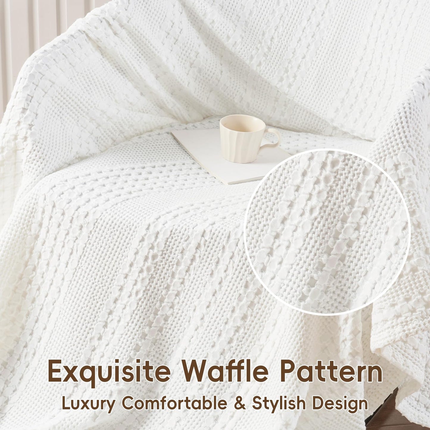 David's Home 100% Cotton Waffle Weave Throw Bed Blanket Queen Size, Lightweight Breathable Soft Spring Blanket for Bed, Gift for Women, Aesthetics Home Decor for Couch Sofa Bedding，White，90" * 90"