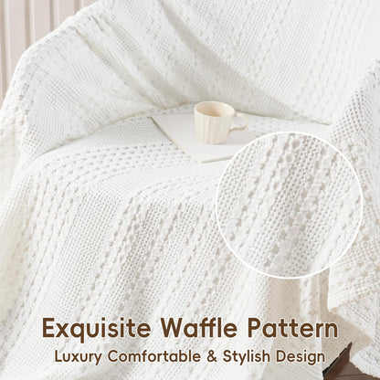 David's Home 100% Cotton Waffle Weave Throw Bed Blanket Queen Size, Lightweight Breathable Soft Spring Blanket for Bed, Gift for Women, Aesthetics Home Decor for Couch Sofa Bedding，White，90" * 90"