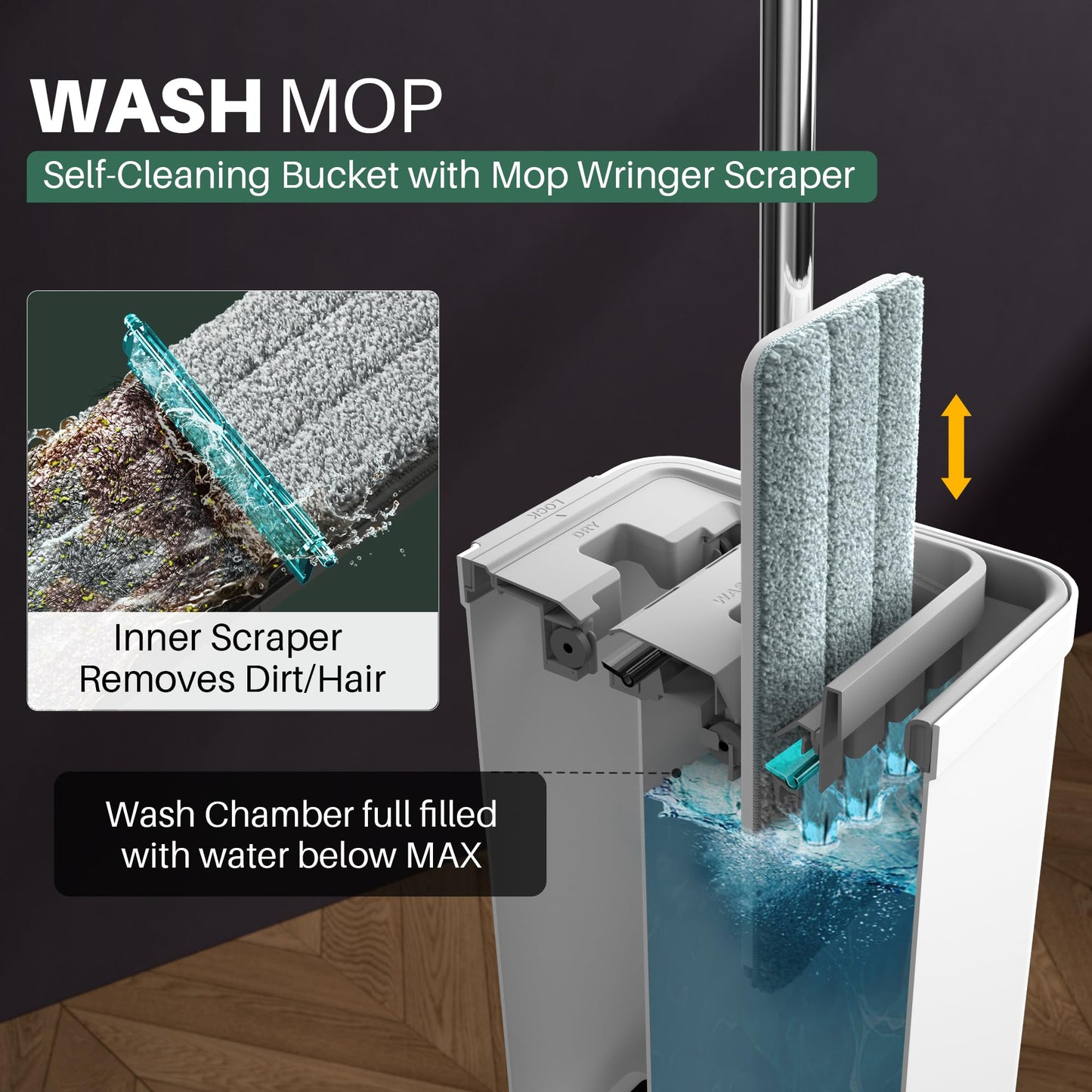 JOYMOOP Mop and Bucket Set with Wringer, Flat Mops for Floor Cleaning, Wall Mop Cleaner with Long Handle, Hardwood Floor Mop with 4 Microfiber Pads