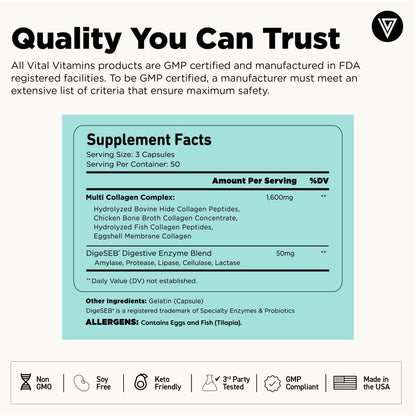 Vital Vitamins Multi Collagen for Women & Men - Type I, II, III, V, X - Grass Fed, Non-GMO - 150 Capsules