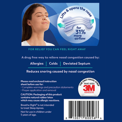 Breathe Right Nasal Strips | Extra Strength | Clear | For Sensitive Skin I Drug-Free Snoring Solution & Nasal Congestion Relief Caused by Colds & Allergies | 44 Count (Packaging May Vary)