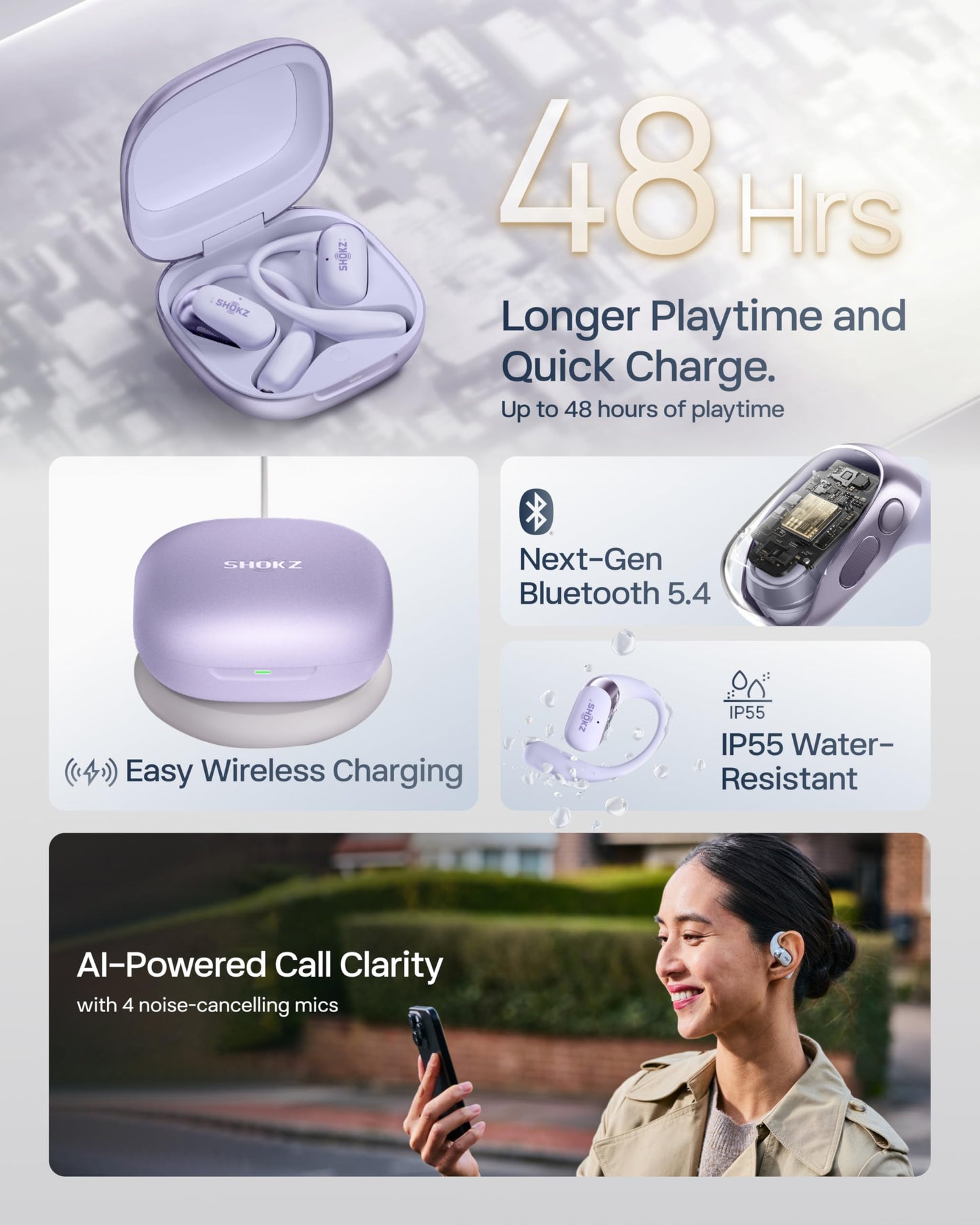 SHOKZ New OpenFit 2+ Open-Ear Headphones,Dolby Audio Enabled,Comfortable Earbuds with Soft Ear Hooks,48H Playtime,IP55 Water-Resistant,USB-C Fast Charging,Wireless Charging - Online Exclusive Purple