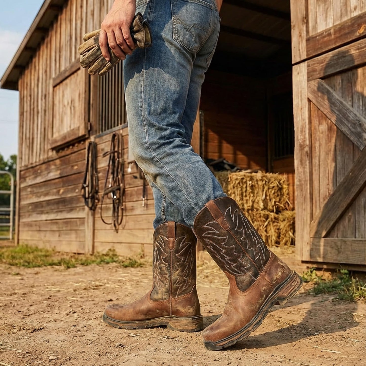 ANGRYRAM Cowboy Work Boots for Men Square Toe Leather Western Boot Slip Resistant Indestructable Steel Toe Safety Boots for Men Work-Man Pro Series