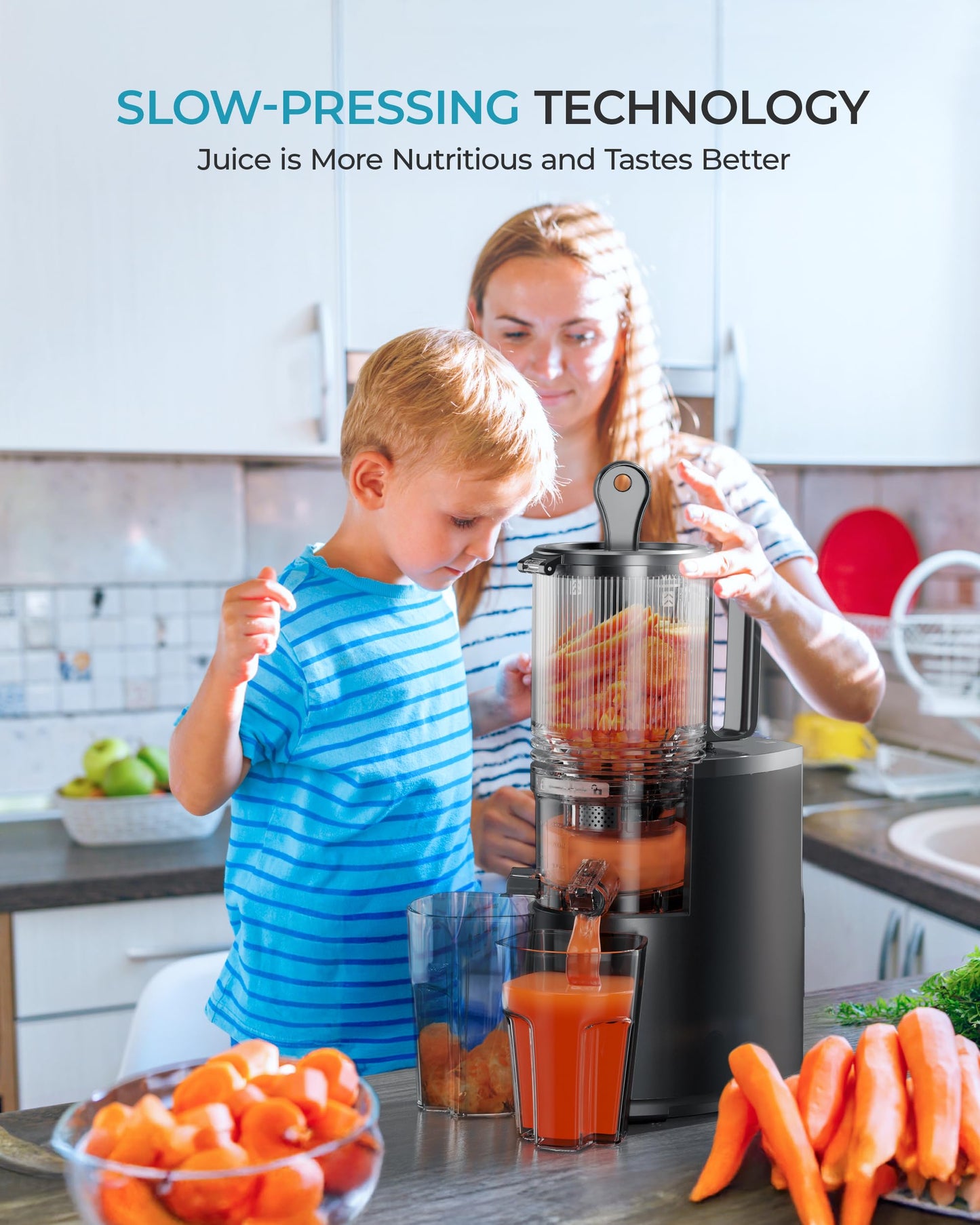 Cold Press Juicer Machines, EUHOMY 5.5" Wide Feed Chute, Slow Masticating Juicer for Whole Vegetables and Fruits, 99.6% High Juice Yield, Easy to clean, Juicer Machines with BPA Free, Black