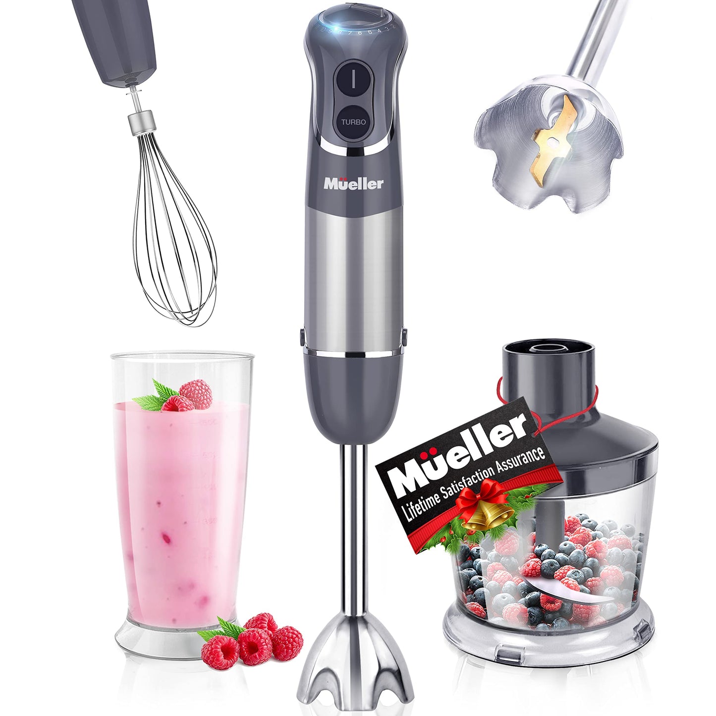 Mueller Multistick 800W 4-in-1 Immersion Blender Handheld, 12 Speed Hand Mixer - Turbo Boost, Heaviest Duty Copper Motor, Titanium Blades Hand Blender, Milk Frother Wand, Whisk, Beaker, Chopper, Grey