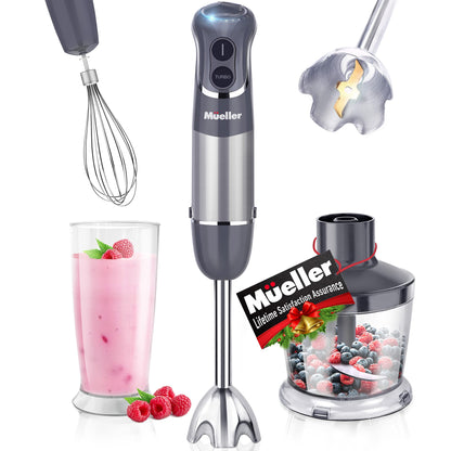 Mueller Multistick 800W 4-in-1 Immersion Blender Handheld, 12 Speed Hand Mixer - Turbo Boost, Heaviest Duty Copper Motor, Titanium Blades Hand Blender, Milk Frother Wand, Whisk, Beaker, Chopper, Grey