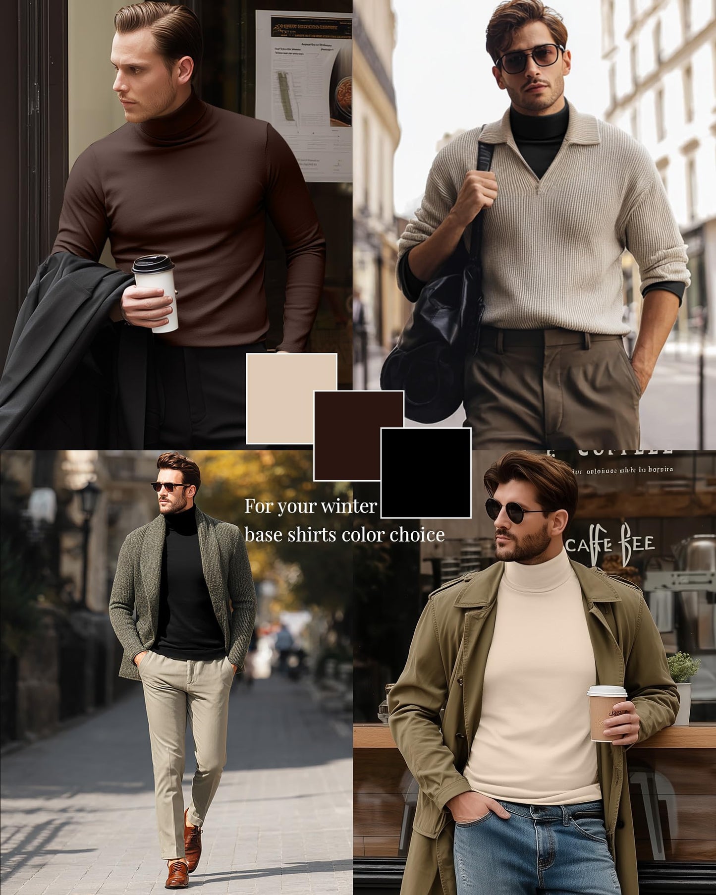 Ficerd 3 Pack Men's Turtleneck Shirts, Long Sleeve Cotton Pullover Sweaters Mock Neck Knitted T Shirt Basic Slim Fit Tee Tops(Black, Brown, Apricot,X-Large)