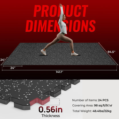 SUPERJARE 0.56'' Thick 24 Pcs 96 Sq Ft Rubber Top Exercise Equipment Mats, High Density EVA Foam Mats with Rubber Top, Interlocking Gym Flooring for Home Gym, Protective Workout Mat, Black/Grey