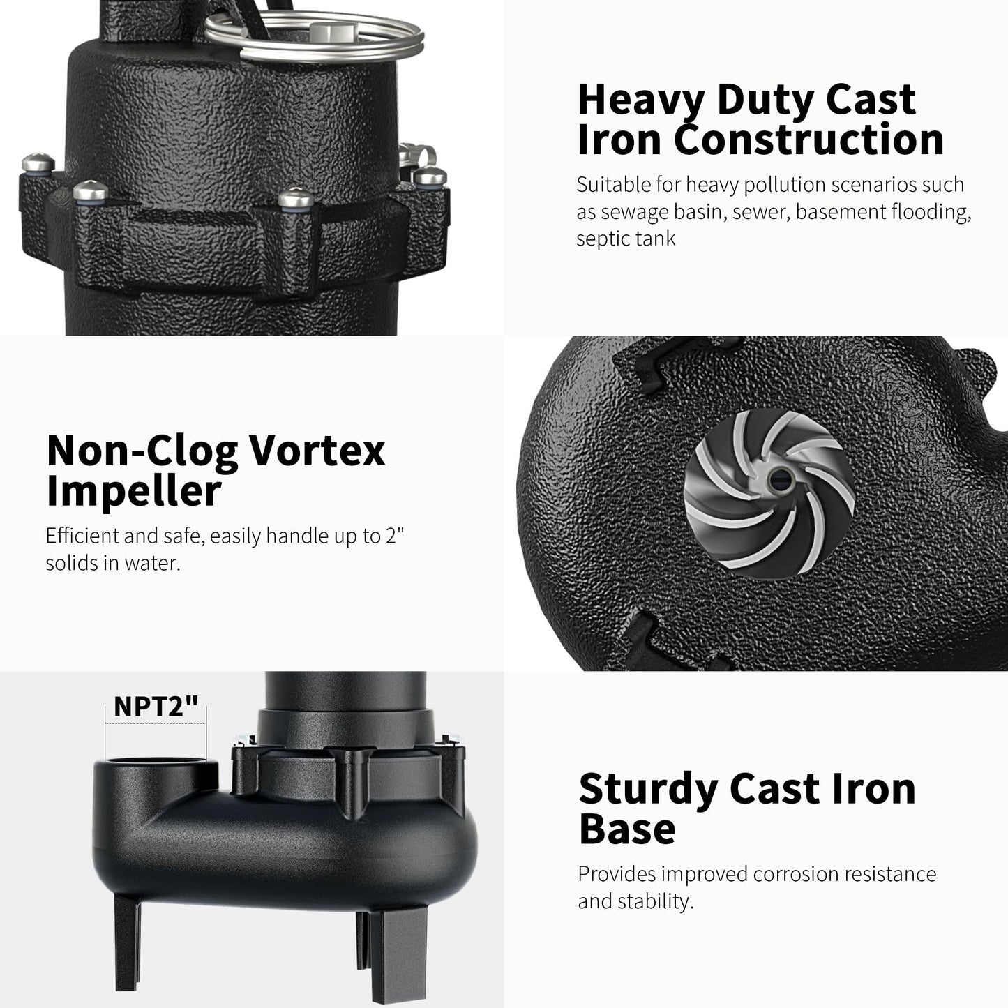 LANCHEZ 1HP 6600 GPH Submersible Sewage Pump, Heavy Duty Cast Iron Effluent Pump with Automatic Tethered Float Switch, Sump Pump for Sump Basin, Basement, Residential, 2" NPT Discharge