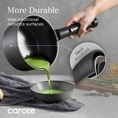 CAROTE 20pcs 4-Ply Premium Hard Anodized Pots and Pans Set Non Stick with Detachable Handle, Dishwasher/Oven Safe, RV Kitchen Cookware Set Nonstick, Induction Cookware, Large Capacity Pans and Pot Set