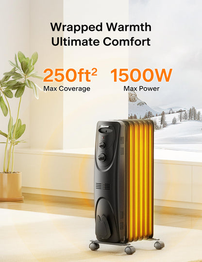 PELONIS Oil Filled Radiator Heater for indoor use Large Room Safe with Thermostat, 1500W Energy Efficient Quiet Space Heater, 3 Heat Settings & 8H Timer, Overheat & Tip-Over, Black