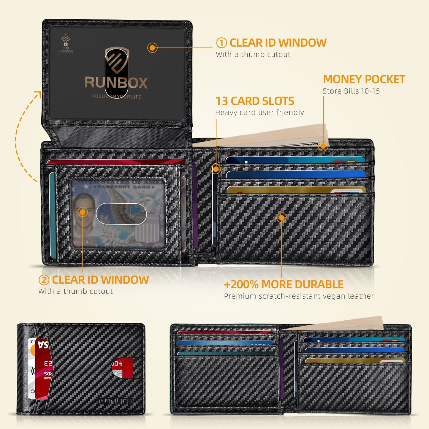 RUNBOX Men's Wallets 15 Card Holder Slim Rfid Leather 2 ID Window With Gift Box Men's Accessories