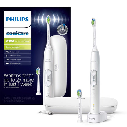 Philips Sonicare ProtectiveClean 6500 Rechargeable Electric Toothbrush, with Pressure Sensor, 3 Cleaning Modes, SmarTimer and QuadPacer, 14-Day Battery Life, Charging Travel Case, White, HX6462/05