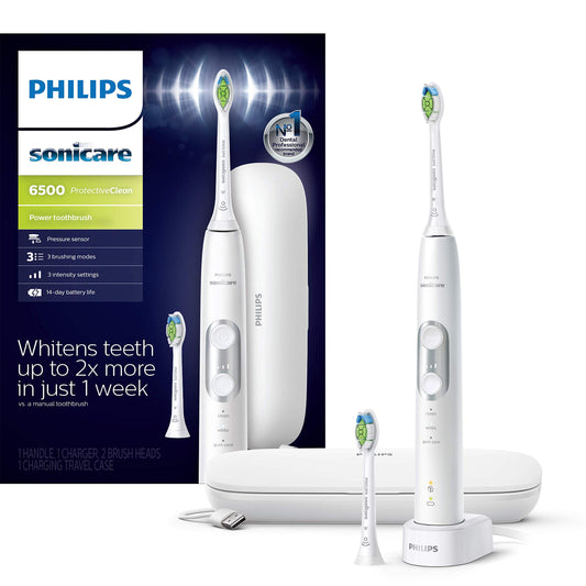 Philips Sonicare ProtectiveClean 6500 Rechargeable Electric Toothbrush, with Pressure Sensor, 3 Cleaning Modes, SmarTimer and QuadPacer, 14-Day Battery Life, Charging Travel Case, White, HX6462/05
